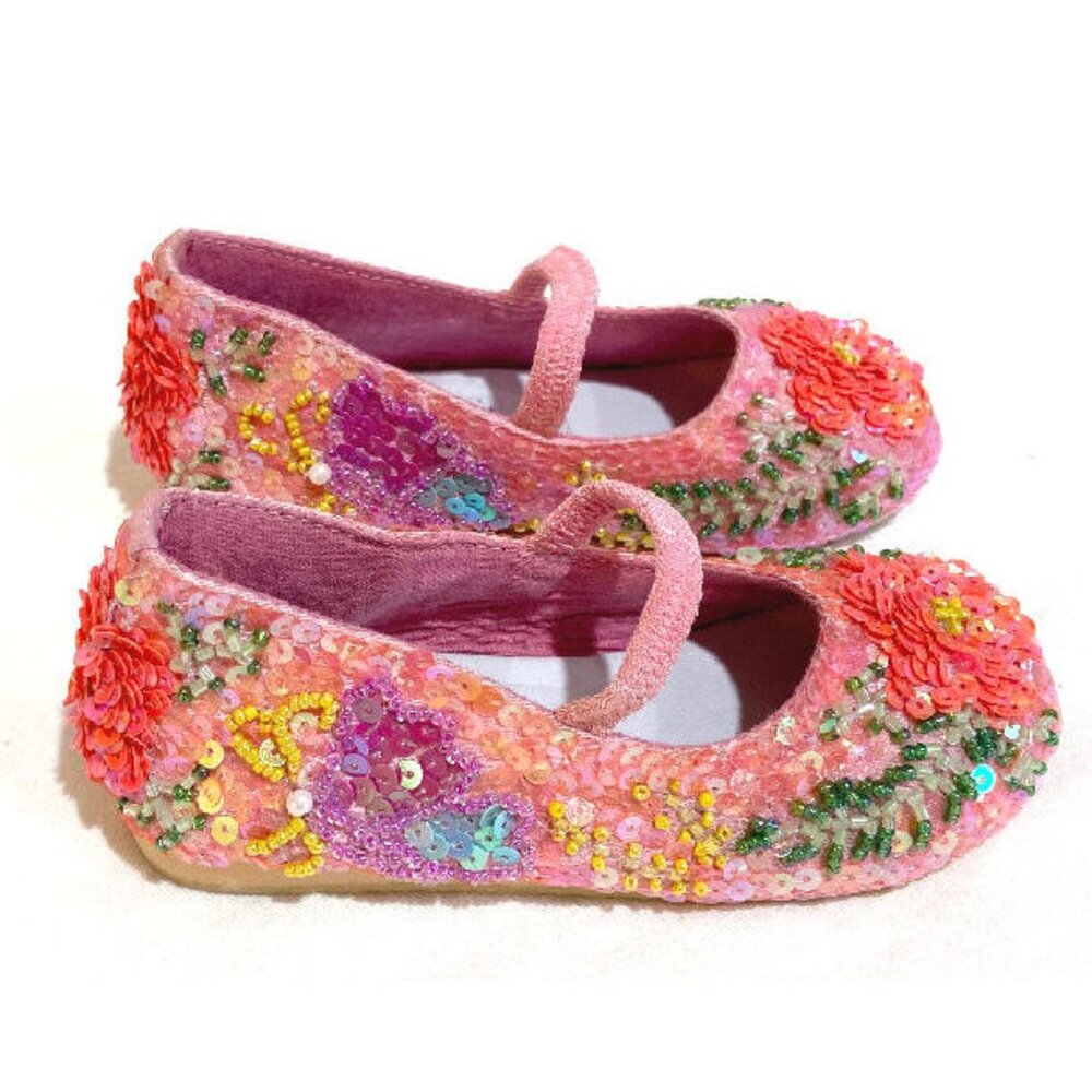 NEW sz 3, 5 Baby Sequin Beaded Coral Pink Green Girls Ballerina Flats Shoes